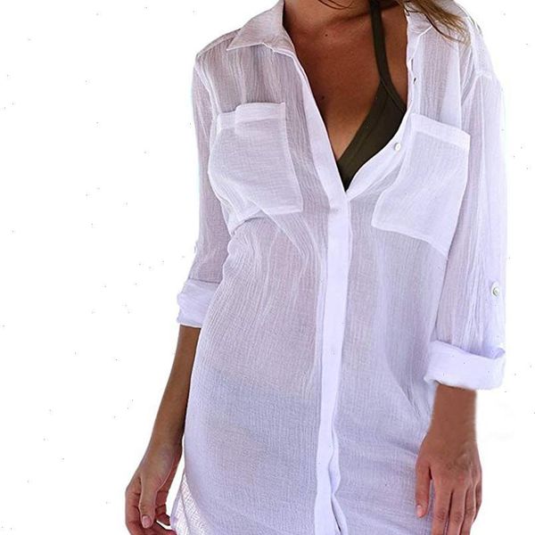 

women beach cover up button down pocket shirts sunscreen bikini swimsuit blouse summer slim ladies pretty shirt cd, White