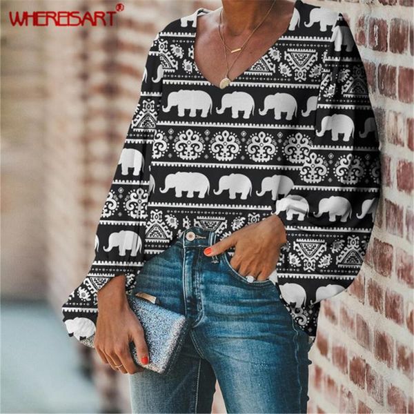 

whereisart women's clothing elephant aztec printinng loose larger size chiffon blouses women summer ladies vintage chemise, White