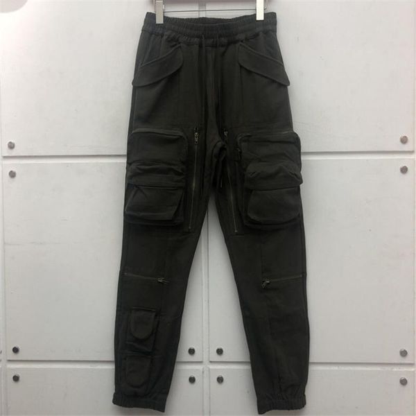 

men's pants 2012fw 3d multi pocket cargo joggers drawstring zipper sweatpants men women slightly loose trousers, Black