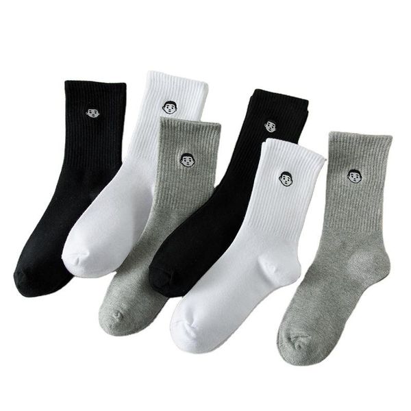 

men's socks street cartoon embroidery small head korean tube autumn fashion pure color simple couple, Black