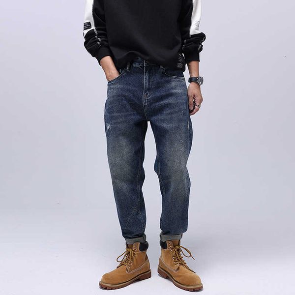 

street fashion men jeans retro dark blue elastic loose fit casual wide leg ripped vintage designer hip hop denim pants