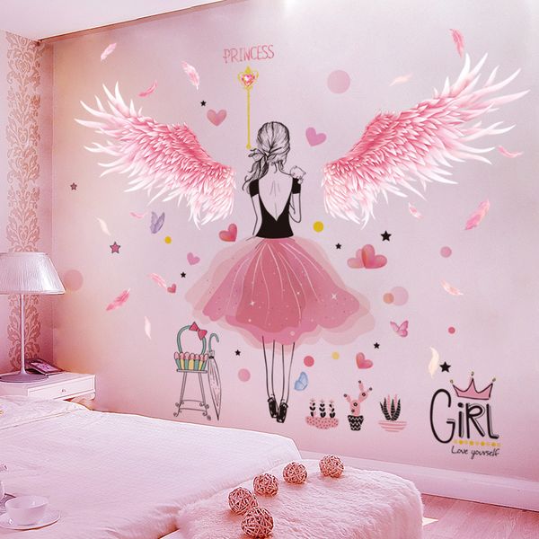 Penas cor-de-rosa asa desenhos animados menina adesivo de parede papel de parede impermeável arte decalque diy kids quarto bebê bebê moderno decoração moderna 210308