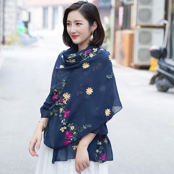 

scarves flower embroidered cotton scarf hook flowers to keep warm sun protection shawl, Blue;gray
