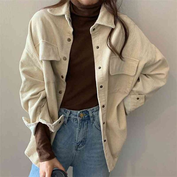 

spring women solid corduroy shirts jackets full sleeve turn-down collar oversize coats casual autumn basic outwear t0o901f 210722, Black;brown