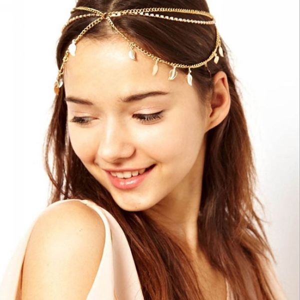 

popular jewelry headband inlaid with diamond chain leaf hair ornament multi-layer tassel headband ethnic style headdress, Golden;silver