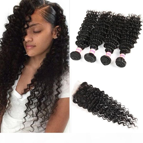 

peruvian virgin hair deep wave 3 4 bundles with closure human hair weave lace closure brazilian kinky curly weave hair with closure, Black