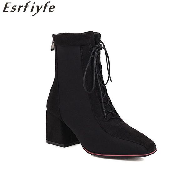

boots esrfiyfe 2021 women fashion lace up ankle shoes chunky heel black brown autumn plus size 34-50