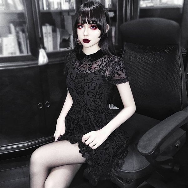 

insgoth vintage lace gothic dress women party hollow out black mini short sleeve dresses harajuku casual female mesh dress, Black;gray