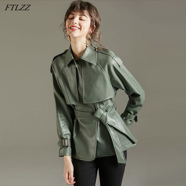 

ftlzz spring autumn lapel faux leather jacket women green pu coat simplicity loose jackets office lady outwear with belt, Black;brown