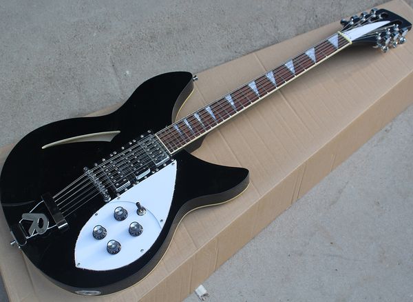 Chitarra elettrica nera a 12 corde con 3 pickup, tastiera in palissandro, cordiera R