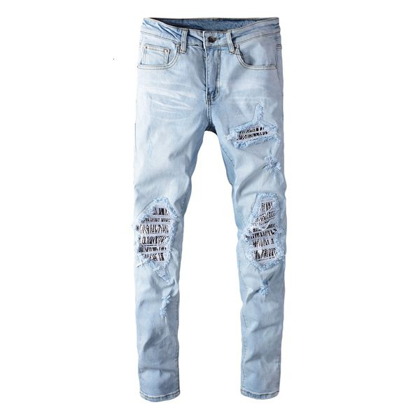 

New Male Blue Street Fashion Light Patched Thin Fitting Jeans 968z