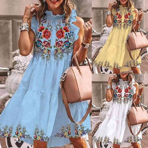 

sleeveless retro floral print beach womens dresses summer ruffle casual plus size vestido, Black;gray