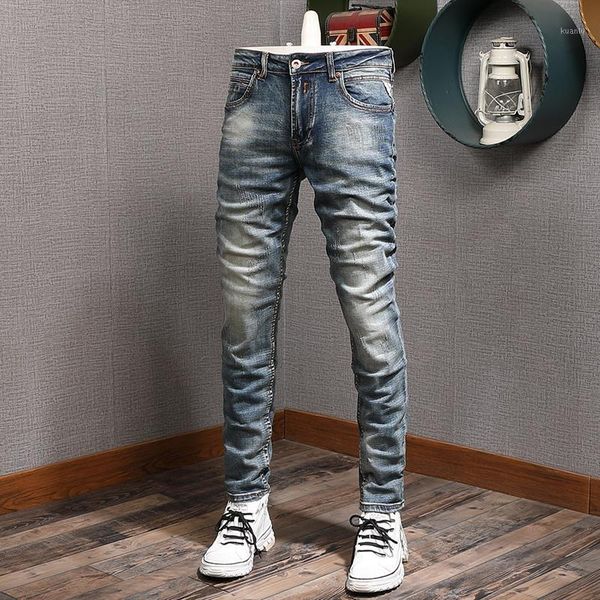 

men's jeans italian style fashion men retro blue elastic slim fit ripped vintage designer casual denim pants