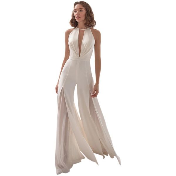 

deep v-neck flared pants one-piece halter strapless pocket simple women jumpsuit s, Black;white