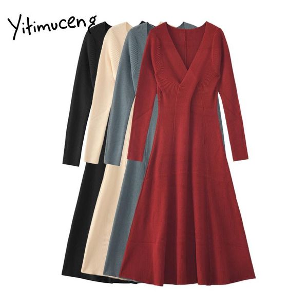 

casual dresses yitimuceng red dress for women v-neck knitted party evening 2021 fashion clothing black long sleeve soft stretch solid f, Black;gray