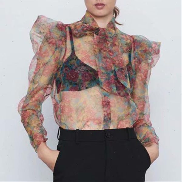 

style floral organze blouse transparent style bow tie collar long sleeve female see through chic blusas, White