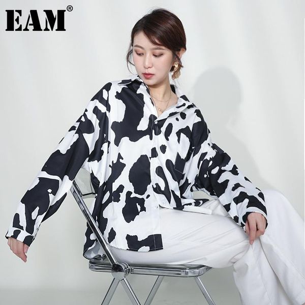 

women's blouses & shirts [eam] women pattern printed black big size blouse lapel long sleeve loose fit shirt fashion spring autumn 2021, White