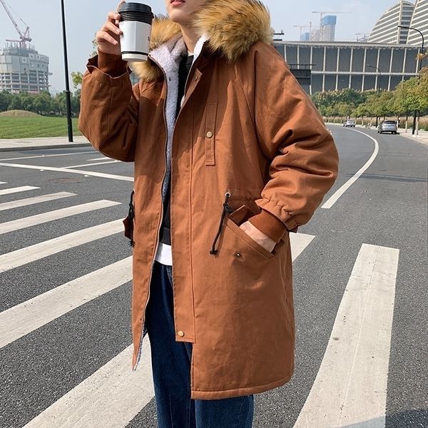 

2021 new winter long men's parka warm fashion casual collar hooded men overcoat loose korean style oversize lamb fur coat 01m8, Black