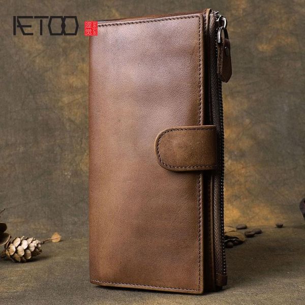 

aetoo retro multifunctional long leather wallet, first layer cowhide simple long handbag, youth multi-card trend wallet, Red;black