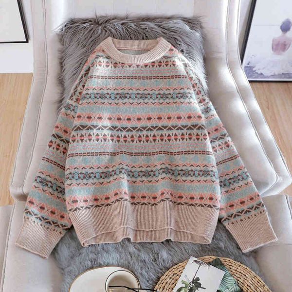 

women's sweaters retro diamond pattern sweater women's pullover autumn and winter loose lazy thick round neck knitted eko3, White;black