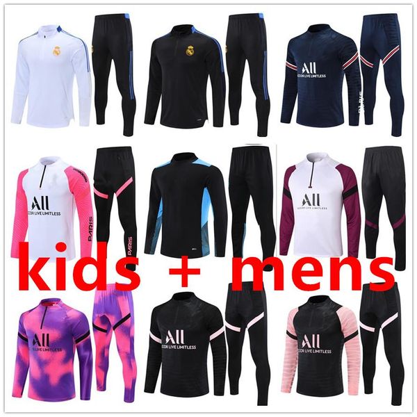 

21-22 real madrid messi mbappp soccer tracksuit tracksuits football training suits kit chandal futbol kids men boys mens jacket tuta set set, Black
