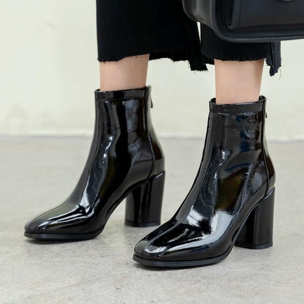 

boots autumn women's fashion patent leather square toe high heel ankle winter zipper woman 2021 black rosy red