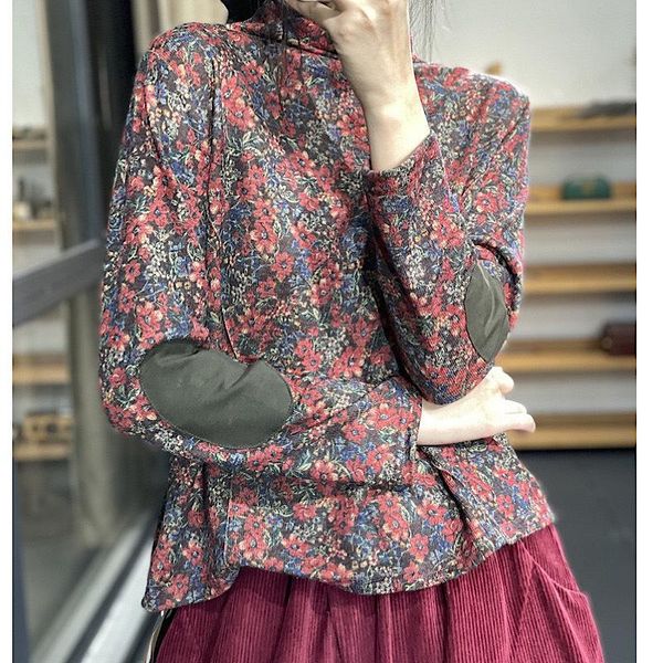 

women's t-shirt autumn winter women retro casual pullovers female 2021 turtleneck patchwork print vintage, White