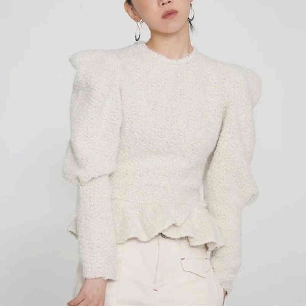 

women's round neck knitted sweater, slender long sved sweater with ruffle, loose, autumn and winter, new in 2021, White;black
