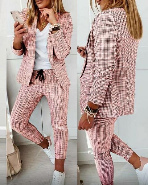 

women's two piece pants casual plaid print blazer coat & drawstring set 2021 autumn women work wear fashion suit sets long sleeve, White