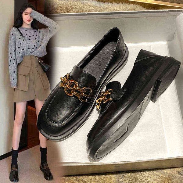 

dress shoes women designer fashion flat small leather shoes luxury metal buckle platform loafers office evening party 220309, Black