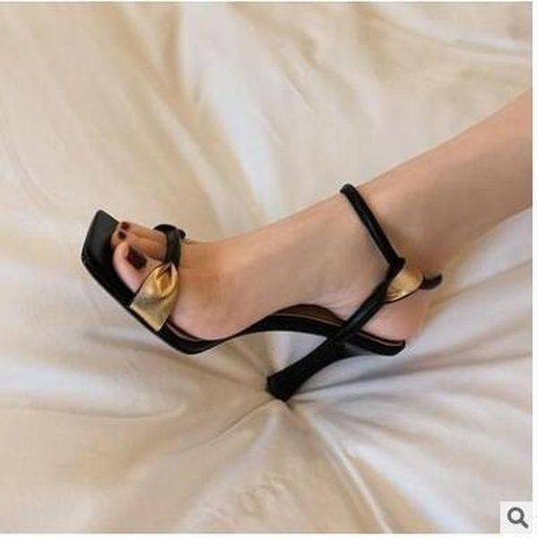 

dress shoes summer sandals women high heels gold color matching stiletto open-toe fashion square head party, Black