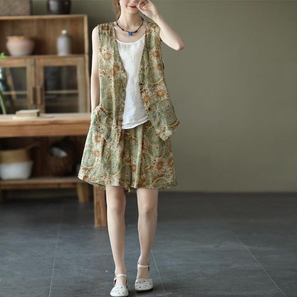 

women's tracksuits women suit summer printed loose sleeveless pocket fashion female wild wide-leg pant tide linen suits, Gray