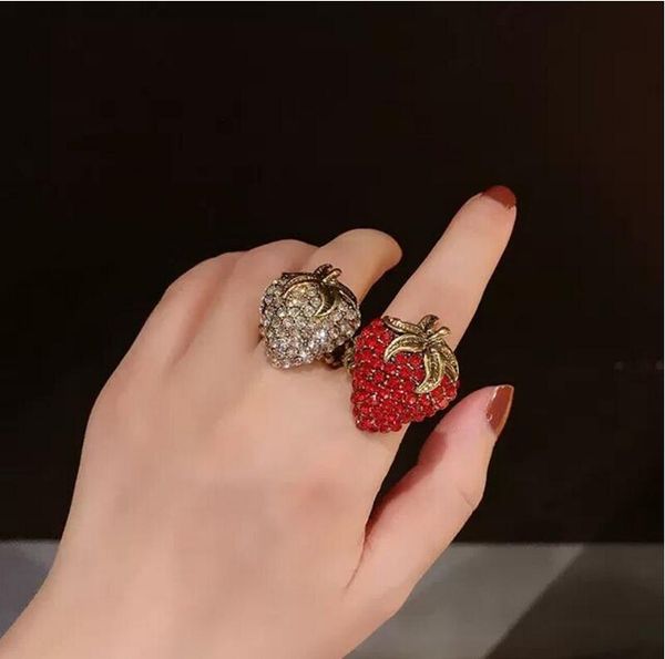 

2021 net red new personality rhinestone strawberry retro ring female trendy exaggerated index finger opening adjustable ring, Silver