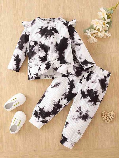 

baby tie dye twist front ruffle trim textured tee & sweatpants she, White