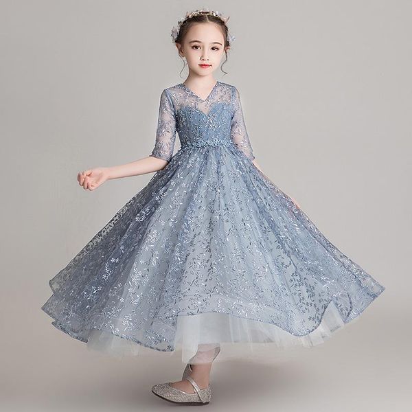 

girl's dresses blue embroidery long flower v-neck tulle ball gown for little girl wedding birthday party dress first communion, Red;yellow