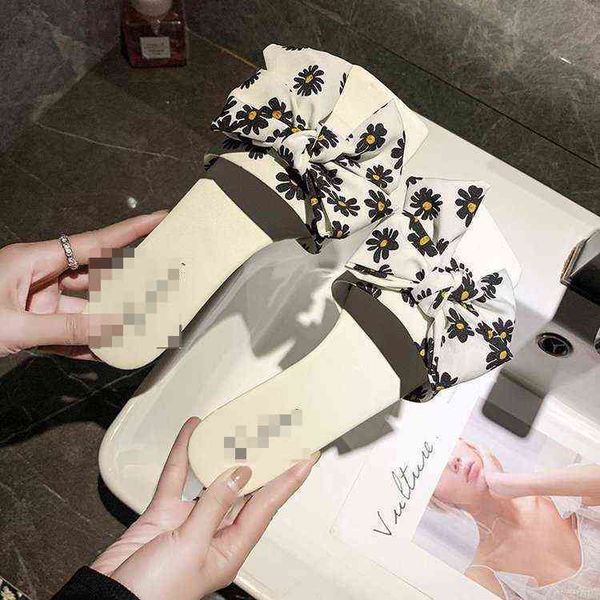 

sandals women'ssummer chrysanthemum print bow i-shaped ladies slippers 41-42, Black