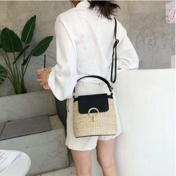 

small straw bucket bags for women 2020 summer crossbody bags lady travel purses and handbags female shoulder messenger bag, Black;red