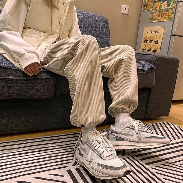 

men's pants 2021 autumn man casual tie leg straight woman corduroy solid color oversize trousers warm korean streetwear, Black