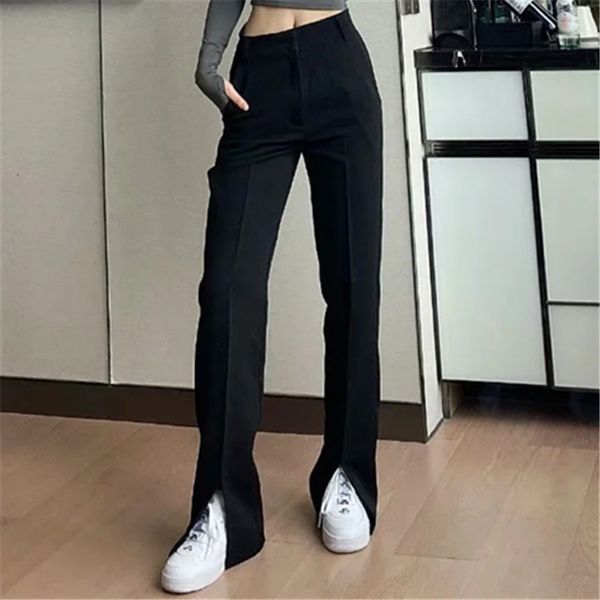 

2021 new show thin female ins europe and united states drape tall waist straight split pants of mop the floor 4rex, Black;white