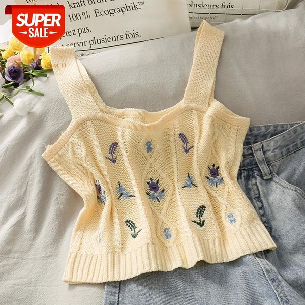 

Sweet Knitting Women Tank Tops Embroidery Floral Open Back Midriff Stretch Short Top Tanks Cute Outfits Slim Female Crop Tanks #xE0A, White