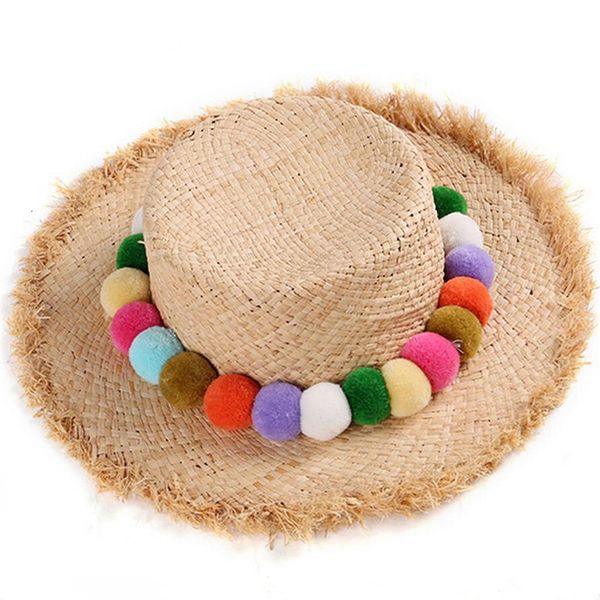 

2021 new handmade colorful pom raffia straw sun visor hats for women child foldable summer panama cap girls large brim beach hat 3r4v, Blue;gray