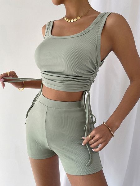 

drawstring ruched tank & biker shorts 68hp#, White