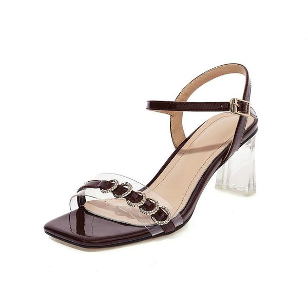 

sandals black wine red fashion transparent square heel open toe women buckle crystal women's shoes dress ladies summer