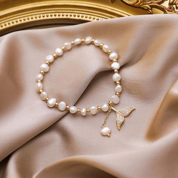 

link, chain simple and sweet round pearl bracelet women ins small freshwater beauty fishtail jewelry, Black