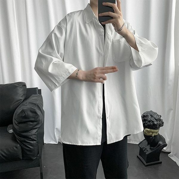

men's casual shirts summer solid color shirt men korean fashion loose business formal harajuku streetwear long sleeve, White;black