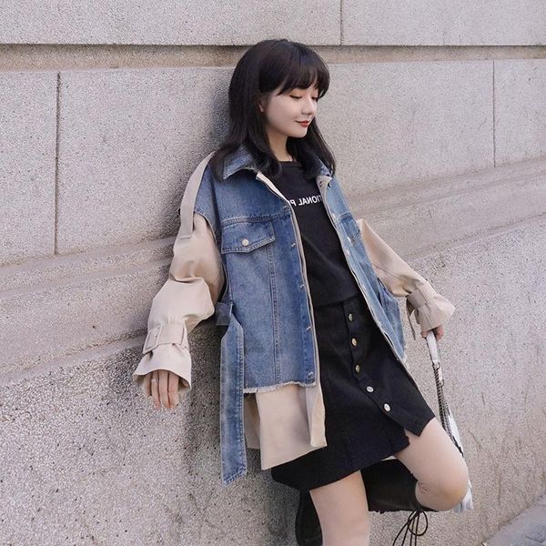 

women's trench coats patchwork jacket 2021 spring and autumn waist loos wind mid-length windbreaker trend by269, Tan;black