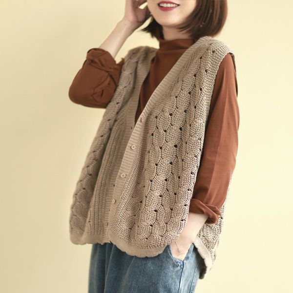 

women's vests literary retro casual hollow twist sweater cardigan jacket female v-neck 2021 spring, Black;white