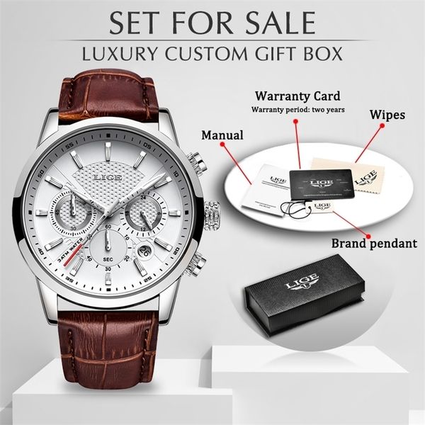 

lige brand luxury fashion leather strap quartz men watches casual date business male wristwatches homme montre clock+box 220225, Slivery;brown