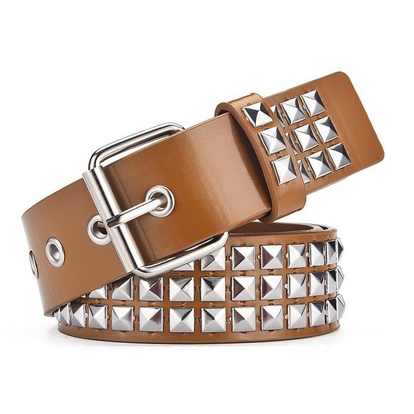 

belts women wide waist belt rivet punk rock men studded pin buckle solid color leather waistbands, Black;brown