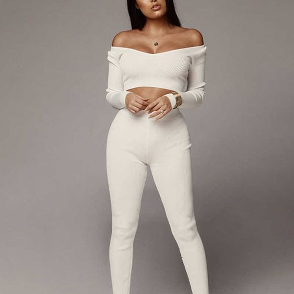 

women's two piece pants pants autumn women cotton long sleeve ribbed set high waist slim casual crop and q3l2, White